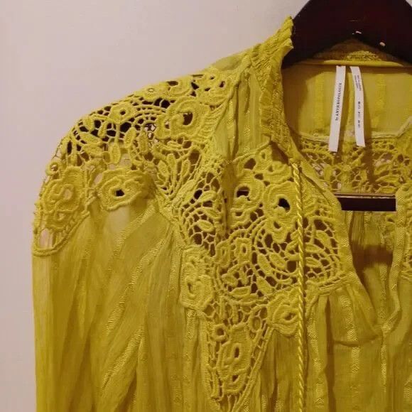 Anthropologie Moira Shirt Peasant Blouse in Chartreuse Yellow Size 6 Lace Boho - Picture 3 of 7